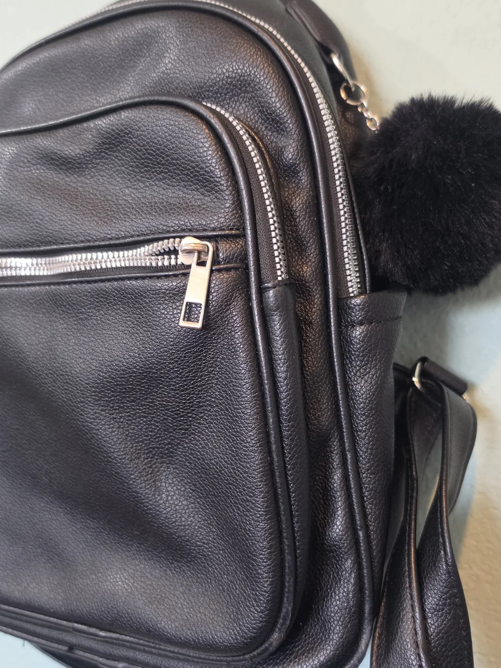 LD Brand Mini Black Pebbled Vegan Leather Backpack Y2k 90s Style Pom Pom Charm